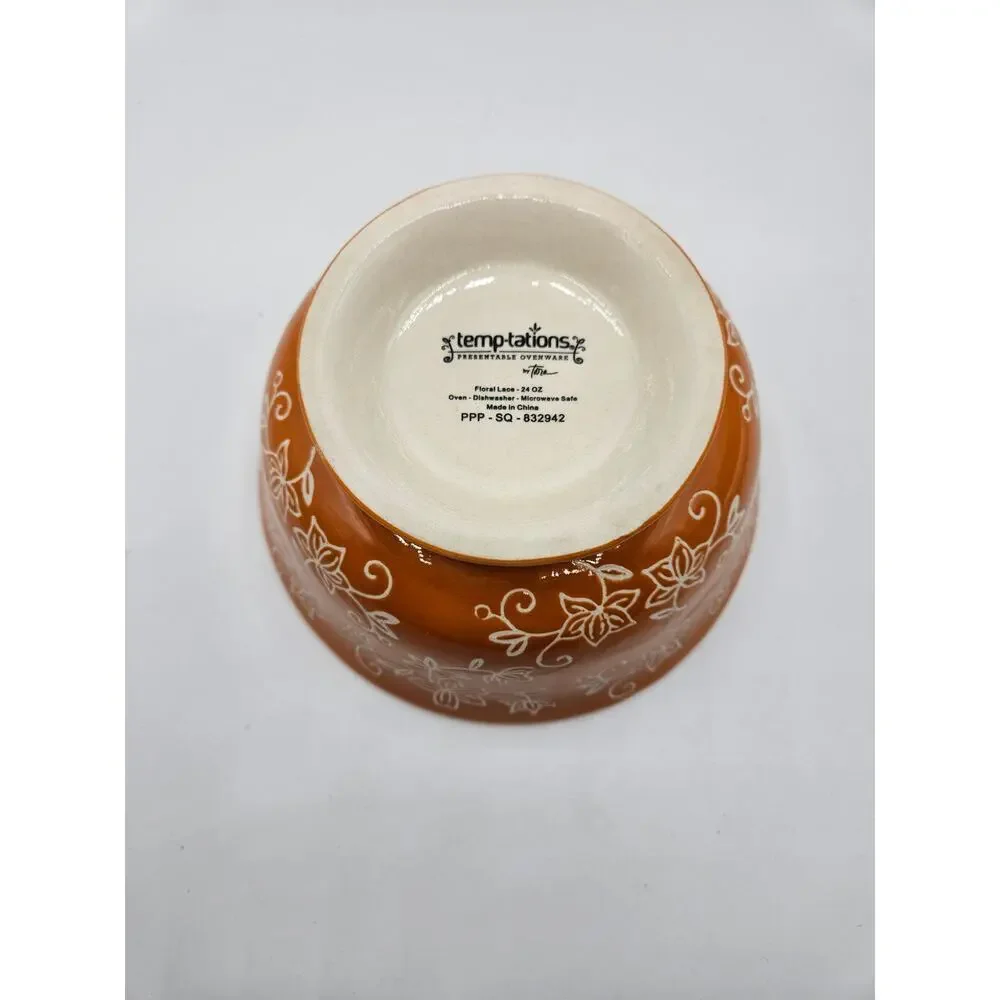 Temptations by tara Floral‎ Lace 24 ounce Cereal Soup Bowl Orange White